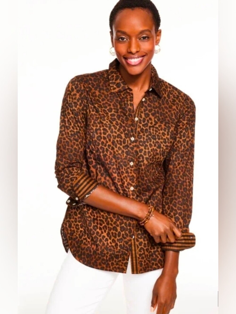 NWOT Talbots Brown and Black Leopard Print Button-Down Shirt Womens Size M